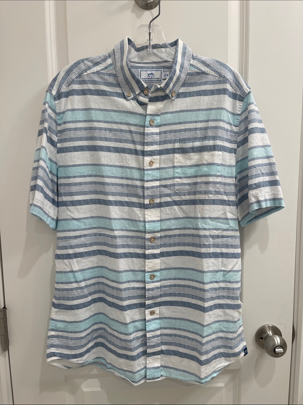 Southern Tide Short-Sleeve Button-Down in Blue, White & Aqua Stripes
